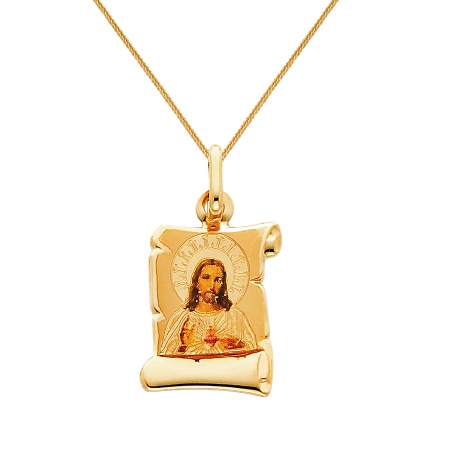 Jewelry 14k Yellow Gold And Enamel Sacred Heart Of Jesus Religious Pendant With 0.8-mm Square Wheat Chain