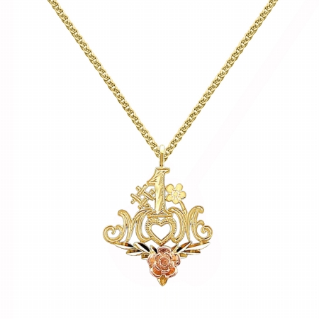 Jewelry 14k Yellow And Rose Gold #1 Mom Rose Design Mother's Day Pendant With 1.5-mm Flat Wheat Chain