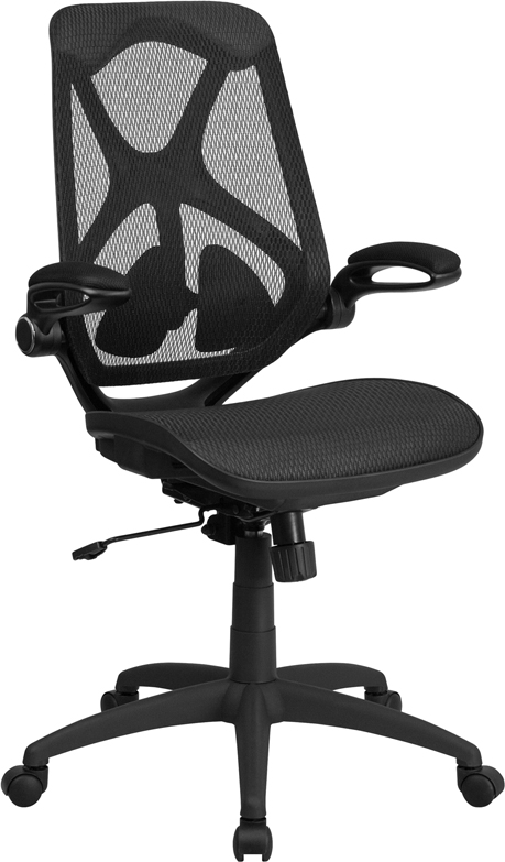 Hl-0013t-gg High Back Black Mesh Executive Swivel Office Chair With Mesh Seat, Adjustable Lumbar, 2-paddle Control & Flip-up Arms