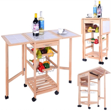 Kitchen Trolley Cart Dining Storage Drawers Portable Rolling Wood Stand