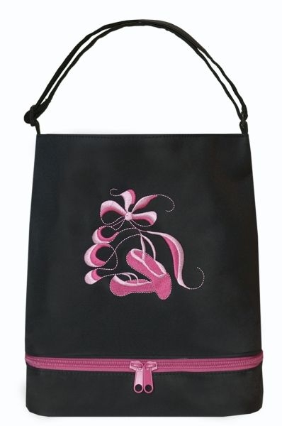 Bal-05black Bottom Shoe Compartment Embroidered Shoes & Ribbons Ballet Tote Bag, Black