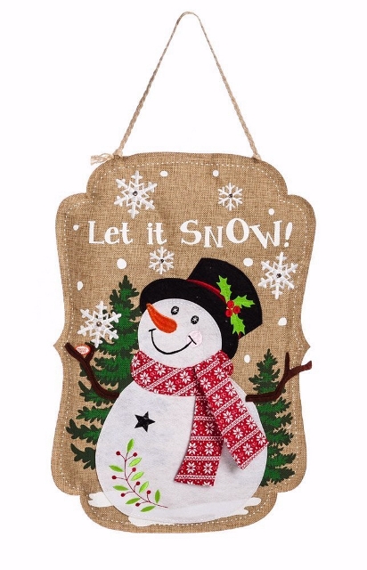 91406 Door Hanger-lighted Sparkle Snowman-burlap