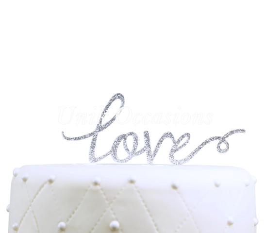 Love Acrylic Wedding Cake Topper, Silver Glitter