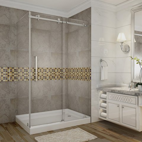 Global Moselle 48 X 35 X 77.5 In. Completely Frameless Sliding Shower Door Enclosure In Stainless Steel With Base, Right Drain