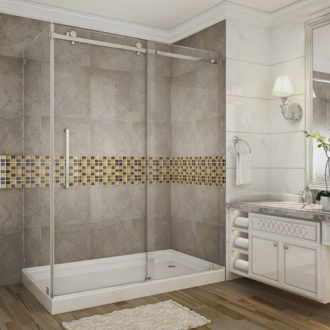 Global Moselle 60 X 35 X 77.5 In. Completely Frameless Sliding Shower Door Enclosure In Stainless Steel With Base, Right Drain