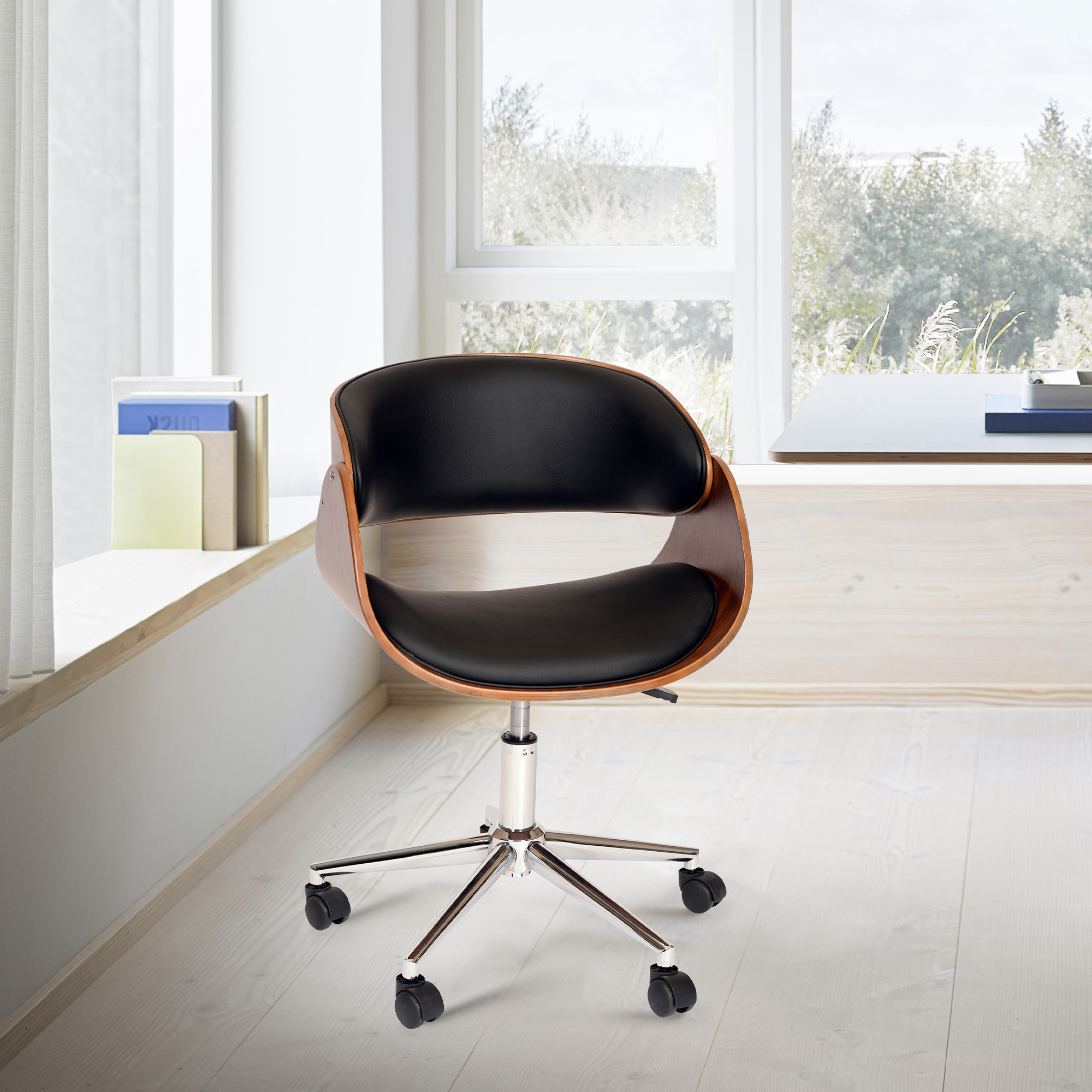 Julian Modern Chair In Black And Walnut Veneer Back And Chrome