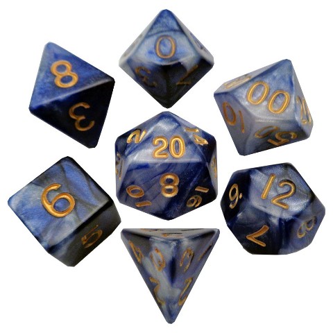 Lic120 16 Mm Combo Attack Dice, Set Of 7 - Blue & White With Gold Numbers