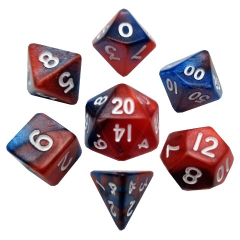 Lic412 10 Mm Mini Dice, Set Of 7 - Red & Blue With White Numbers