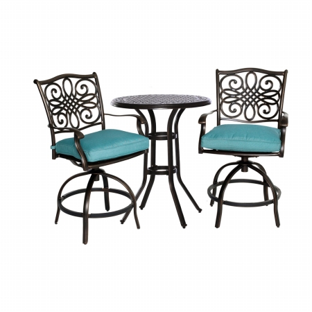 Trad3pcswbr-blu 3 Piece Traditions Bar Bistro Set - 30 In. Cast Table, 2 Bar Swivel Rockers With Blue Cushion