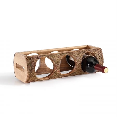 . Ws16139 Stackable Three Bottle Wine Holder Log - Acacia Wood With Bark