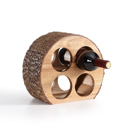 . Ws16228 Round Four Bottle Wine Holder - Acacia Wood With Bark, Brown