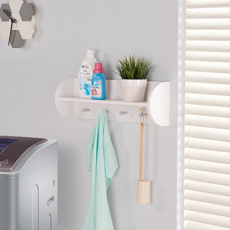 White Utility Shelf With Four Large Stainless Steel Hooks