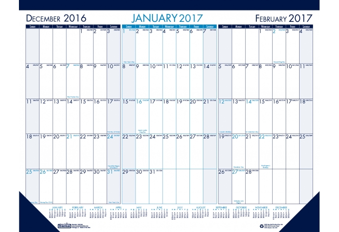 Hod136 3 Month View Monthly Desk Pad Calendar, Blue & Gray - 22 X 17 In.