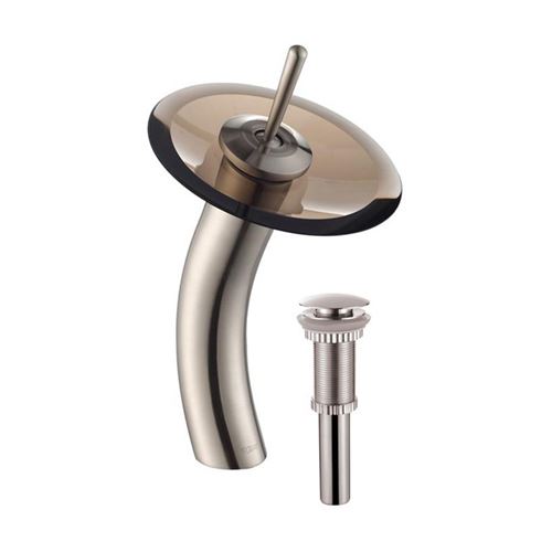 Kraus Kgw-1700-pu-10sn-brcl Single Hole & Handle Vessel Glass Waterfall Bathroom Faucet With Pop-up Drain With Glass Disk, Brown - Satin Nickel