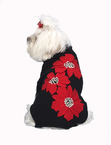 07163599-12 Poinsettia Applique Dog Sweater For Christmas - Black & Red, 12 In.