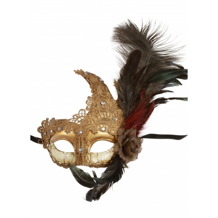 Kayso Flm006gd Vintage Gold Barroque Luna Plastic Costume Mask With Flower & Feather Arrangement Decorated With Clear Rhinestones, One Size