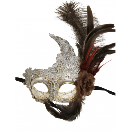 Kayso Flm006sl Vintage Silver Barroque Luna Plastic Costume Mask With Flower & Feather Arrangement Decorated With Clear Rhinestones, One Size