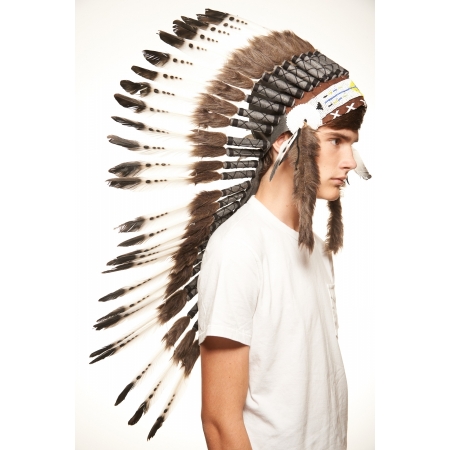 Kayso Mh016 Medium Length Brown Fur With White & Black Tip Feathers Tribal Chief Inspired Headdress Warbonnet Mh006, One Size