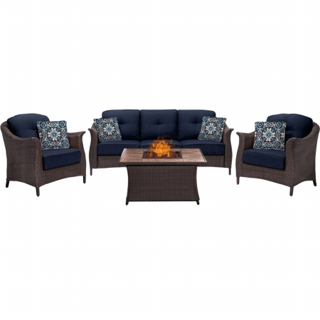 Gram4pcfp-nvy-tn 4 Piece Gramercy Seating Fire Pit Set With Tan Tile Top, Navy