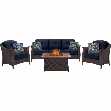 Gram4pcfp-nvy-wg 4 Piece Gramercy Seating Fire Pit Set With Wood Grain Tile Top, Navy