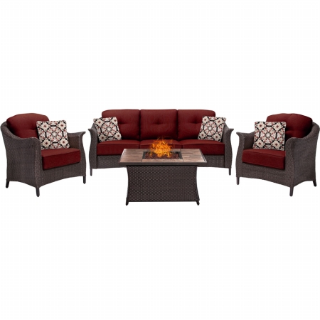 Gram4pcfp-red-tn 4 Piece Gramercy Seating Fire Pit Set With Tan Tile Top, Red