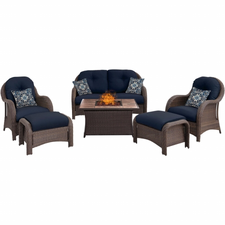 6 Piece Newport Fire Pit Set With Tan Tile Top, Navy