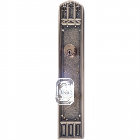D04-k584j-and-609 Oxford 18 In. Plate Set With Knobs - Single Deadbolt Set 2.38 In. Backset, Antique Brass Finish