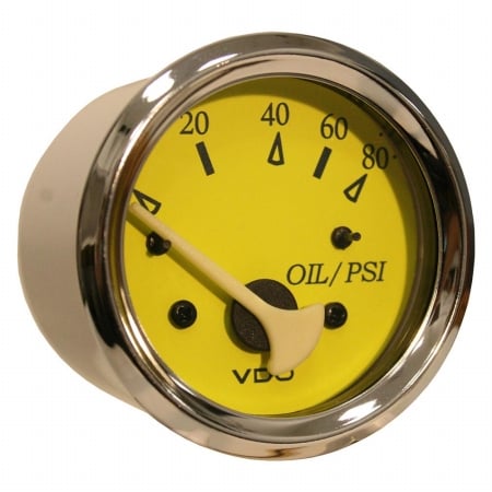 350-14759 Allentare Yellow & Blue 80psi Oil Pressure Gauge, Use With Marine 240-33 Ohm Sender 12v