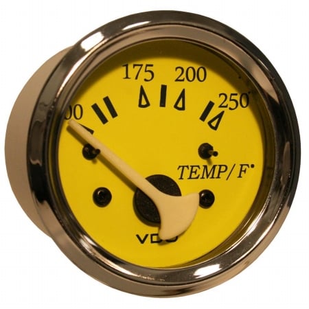 310-14760 Allentare Yellow & Blue 250 Deg F Water Temperature Gauge, Use With Marine 450-29 Ohm Sender - 12v