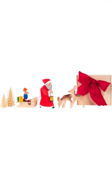 103-001b Dregeno Chip Box - Small Figures Of Santa, Child On Sleigh, Trees & Deer