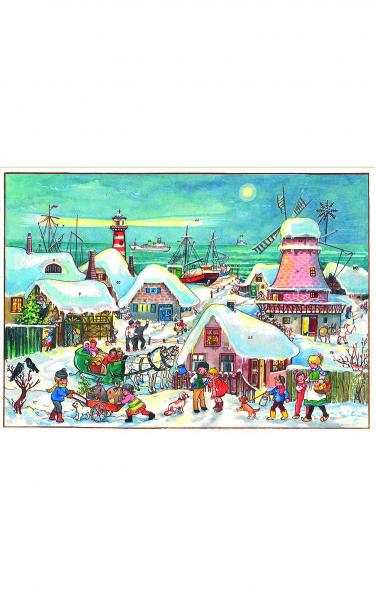 Adv47 Small Advent Calendar With Envelope For Mailing - Winter Scene Of A Dutch Port In Holland