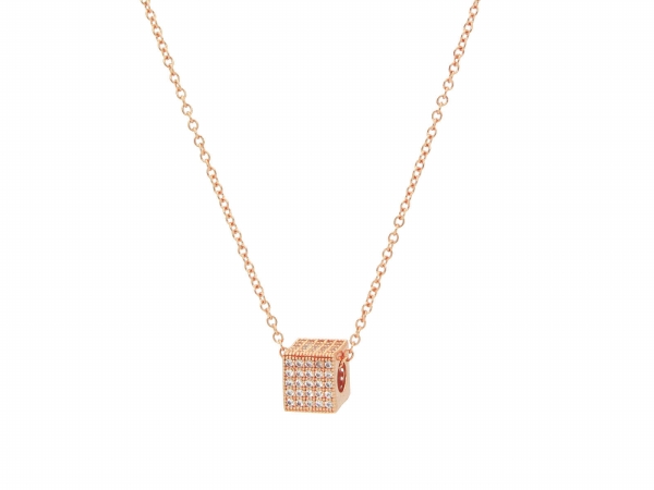 101176p Silver Pink Rhodium Plated Cubic Zirconia Micro Pave Cube Pendant, 16 In. Plus 2 In. Chain