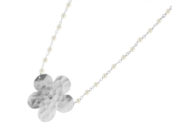 211155 Sterling Silver Necklace Hammered Flower Cubic Zirconia, 16 In.