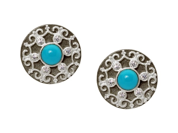 Majestic Two Tone Turquoise Center Sterling Silver Disk Studs, 13 Mm