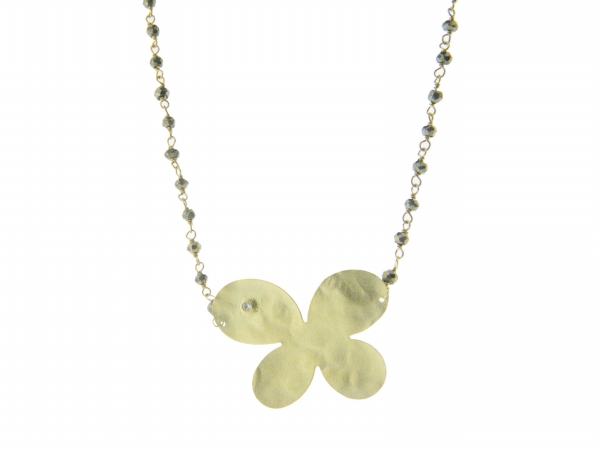 211219i Pyrite & Silver Hammered Butterfly Pendant Necklace, 16 In.