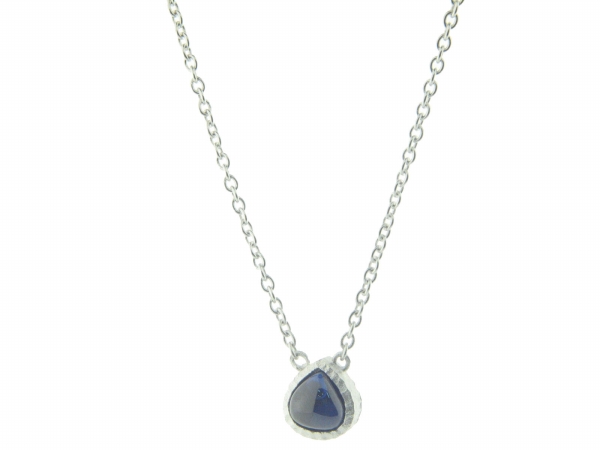 Silver Rhodium Plated Necklace, 16 In. Plus 2 In. With Pear Shape Blue Cabochon Cubic Zirconia