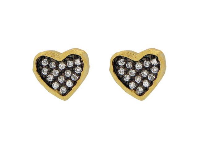 Silver Gold Plated Plated Satin Finish Black Rhodium Inside Cubic Zirconia Heart Shape Stud Earrings