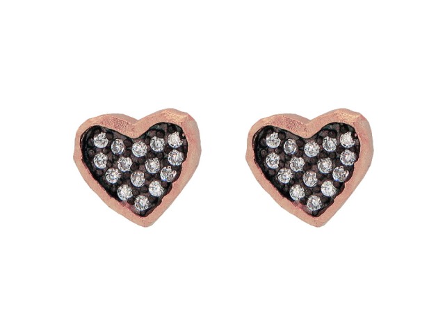 Silver Pink Rhodium Plated Satin Finish Black Rhodium Inside Cubic Zirconia Heart Shape Stud Earrings