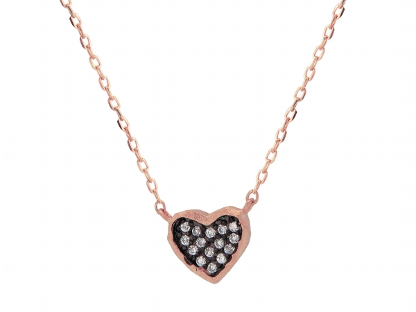 Silver Pink Rhodium Plated Satin Finish Black Rhodium Inside Cubic Zirconia Heart Shape Necklace, 16 In. Plus 2 In.