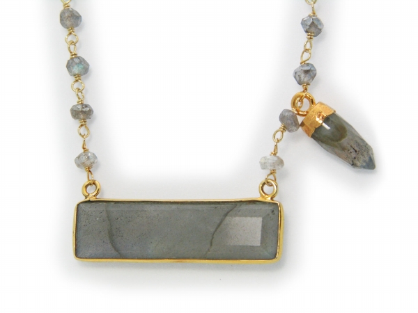 18k Gold Plated Silver Labradorite Rectangle & Bullet Necklace, 16 In.