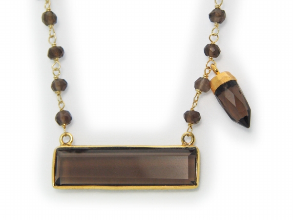 18k Gold Plated Silver Smoky Topaz Rectangle & Bullet Necklace, 16 In.