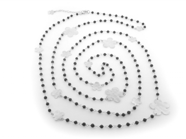 Signature Long Hammered Flowers & Onyx Sterling Silver Necklace, 60 In.
