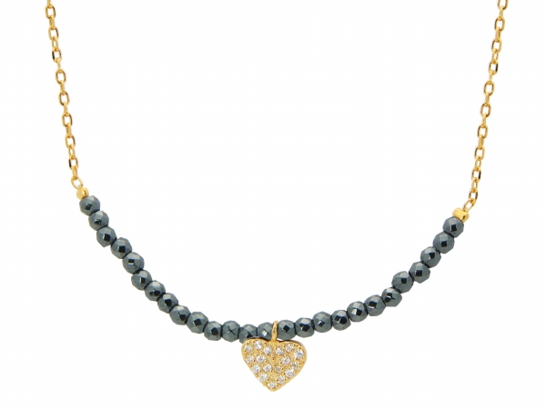 Silver Gold Plated Pyrite Beads & Cubic Zirconia Heart Necklace, 16 In. Plus 2 In.