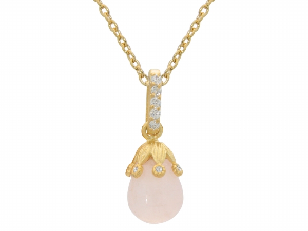 211386g Gold Plated Sterling Silver Rose Quartz Flower Bulb Pendant Necklace, 16 In.