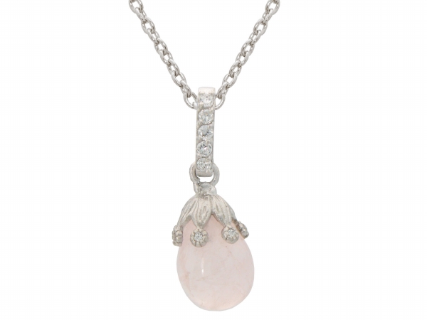 211386 Rhodium Plated Sterling Silver Rose Quartz Flower Bulb Pendant Necklace, 16 In.