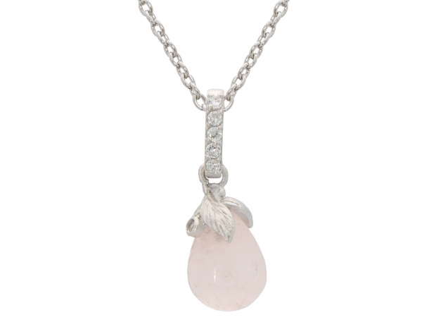 Rhodium Plated Sterling Silver Rose Quartz Flower Bulb Pendant Necklace, 16 In.