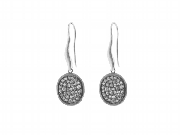 Mediterranean Hammered Cubic Zirconia Disk Long Hook Earrings, 1.5 In.