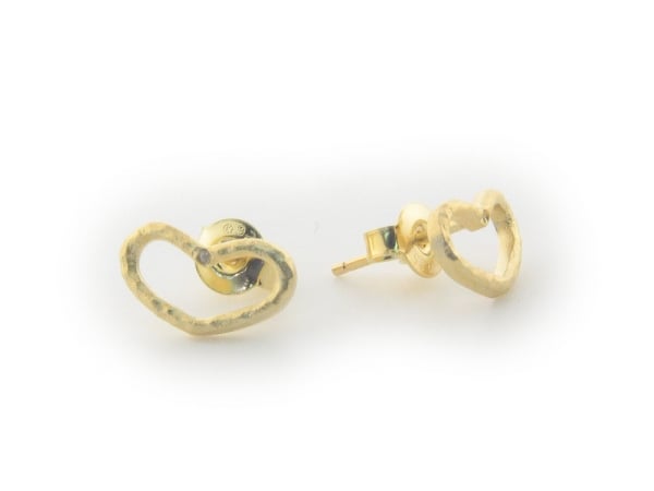 Silver Gold Plated Heart Siluete Hammered Look & Cubic Zirconia Stud Earrings