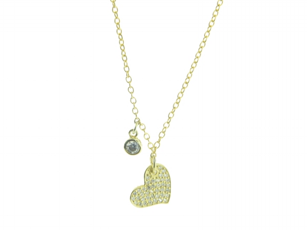 Silver Gold Plated Heart Pendant Cubic Zirconia Pave & Side Bezel Cubic Zirconia Necklace, 16 In. Plus 2 In.