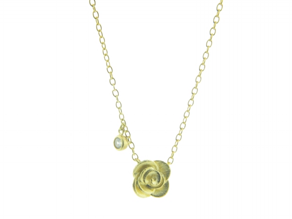 Silver Gold Plated Rose Flower Pendant Necklace, 16 In. Plus 2 In. & Cubic Zirconia Bezel Side